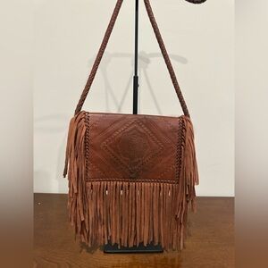BCBGeneration Fringed Brown Leather Crossbody Bag